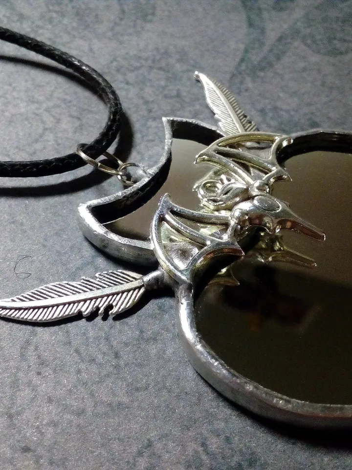 Stained glass scrying mirror, Black goth ornate mirror, Bat mirror, Car hanger, Witch mirror, Heart mirror
