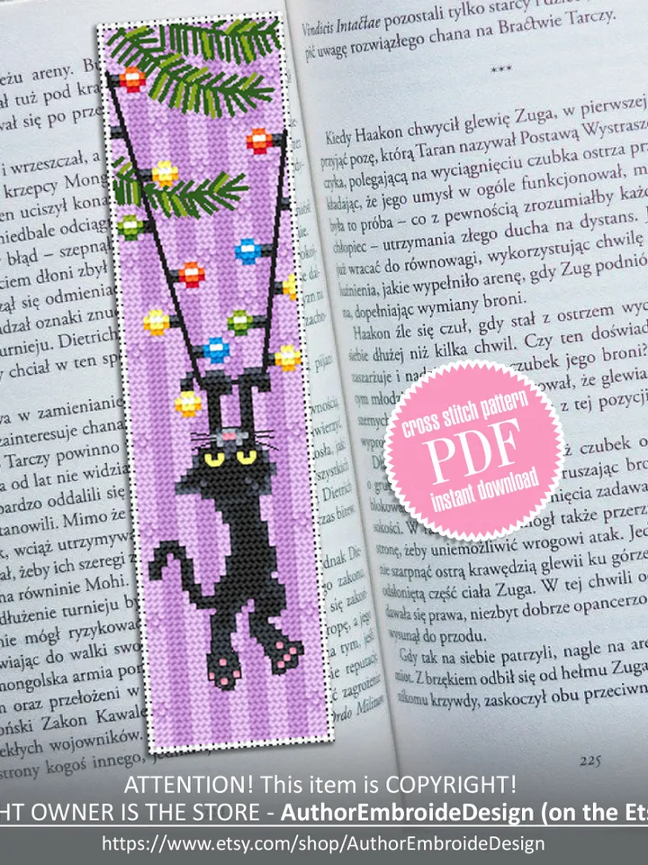 Christmas bookmark cross stitch pattern download PDF, Funny handmade bookmark digital PDF, Black cat cross stitch, Christmas garland #B95