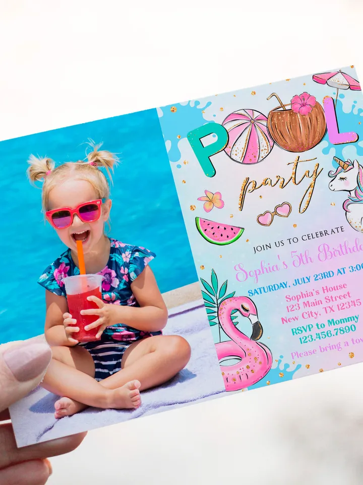 Pool Party Invitation Girl with Photo, Pool Party Unicorn Invitation Instant Download, Swimming Party Invite, Editable Template