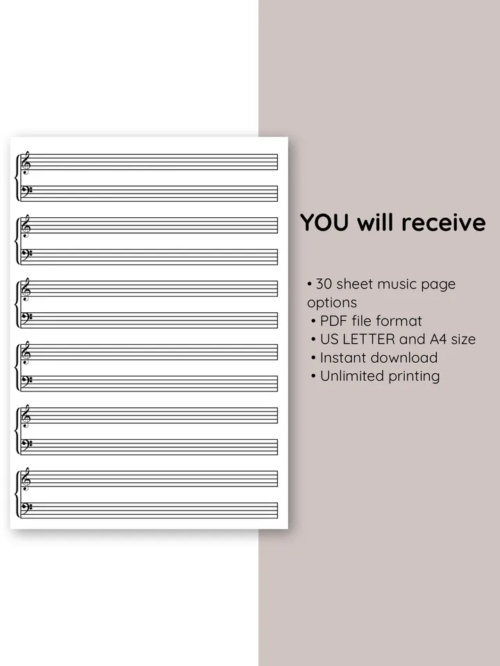Set of blank music scores for musicians, teachers, and composers. Printable blank music stave. Blank piano sheet music.