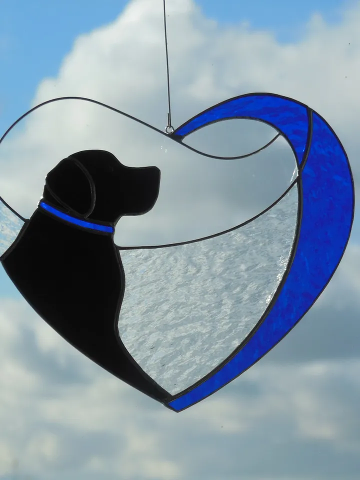 Dog Black Retriever Labrador in Blue Heart . Art Stained glass window hanging Suncatcher . Gift for animal lover , pet loss memorial