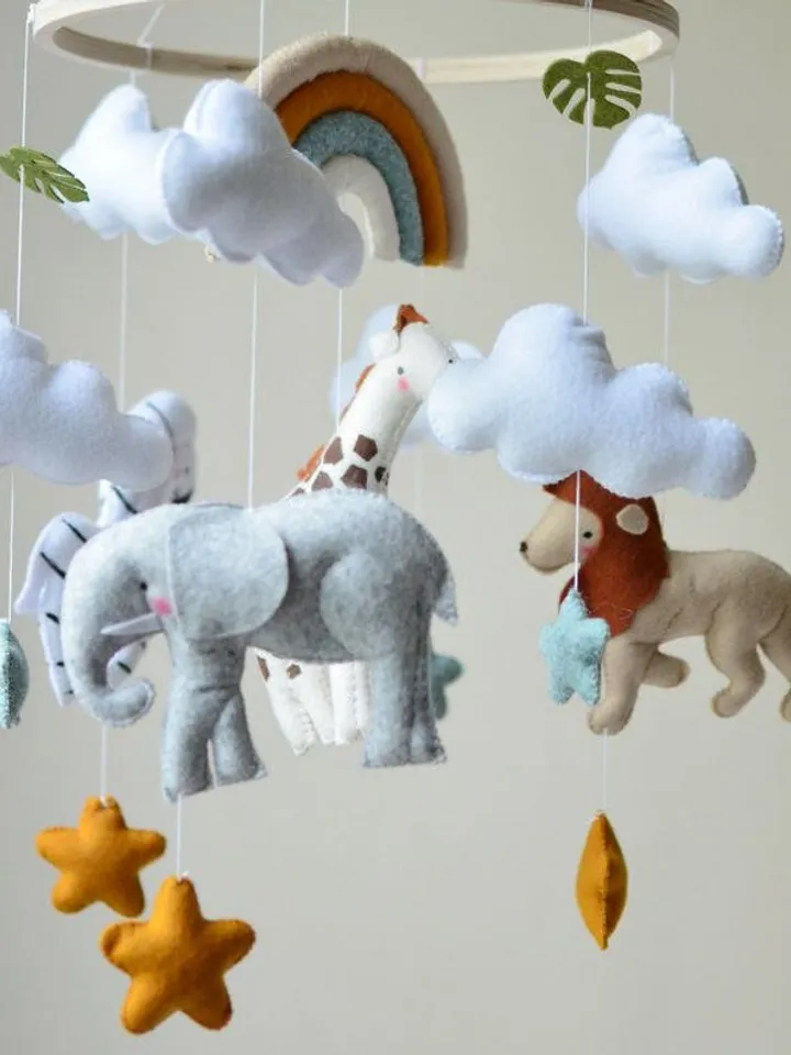 Hand sewn Safari baby mobile for nursery decor with Jungle animals
