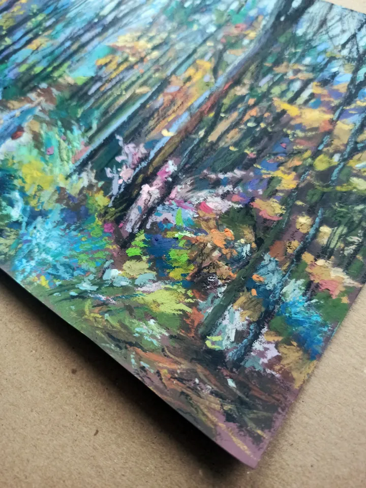 Original graphics, Forest autumn landscape, Girl walking in the forest, Nature,Oil pastel drawing on A4 craft paper.