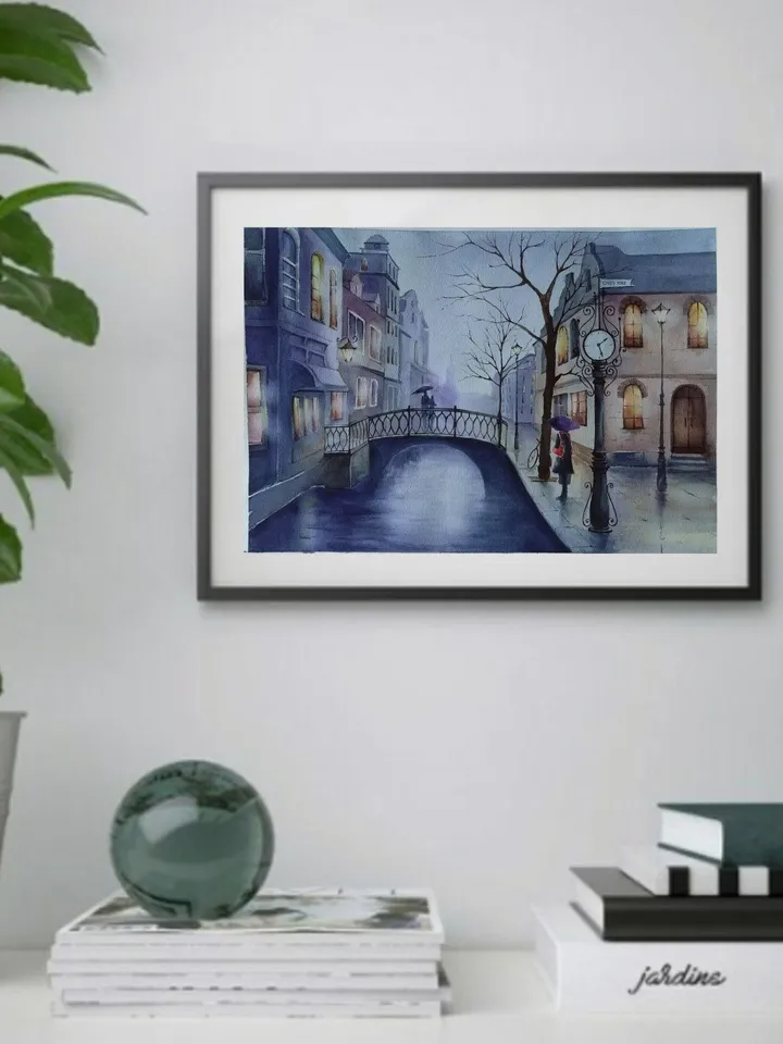 Original Watercolor Painting Urban Landscape Art City Bridge Artwork Rainy day Picture 30x40 cm by SoftWaves