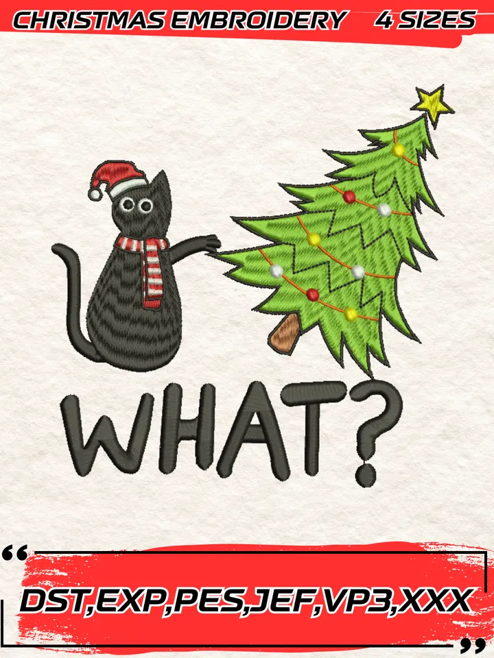 What Black Cat Christmas Embroidery Design,Christmas Embroidery Design,4 Sizes, Digital Download