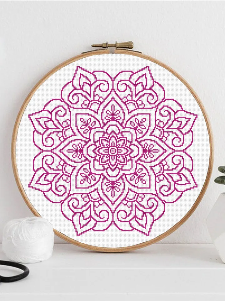 Mandala cross stitch pattern download PDF, Easy floral ornament cross stitch chart, Monochrome cross stitch, Mandala hand embroidery #M84