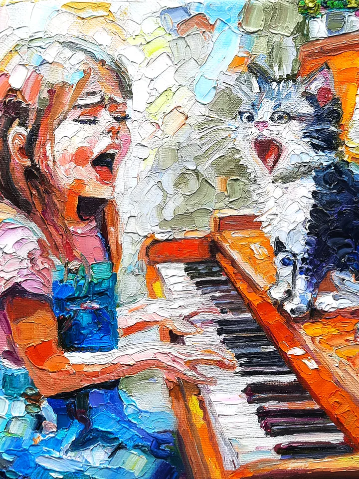 Girl and Cat Impasto Oil Art Original Oil Painting Oil on canvas
