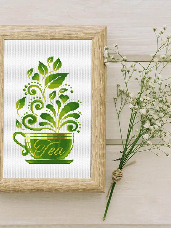 Tea cup cross stitch pattern download PDF, Awesome kitchen cross stitch chart, Funny embroidery beginner, Green tea cross stitch PDF #F7