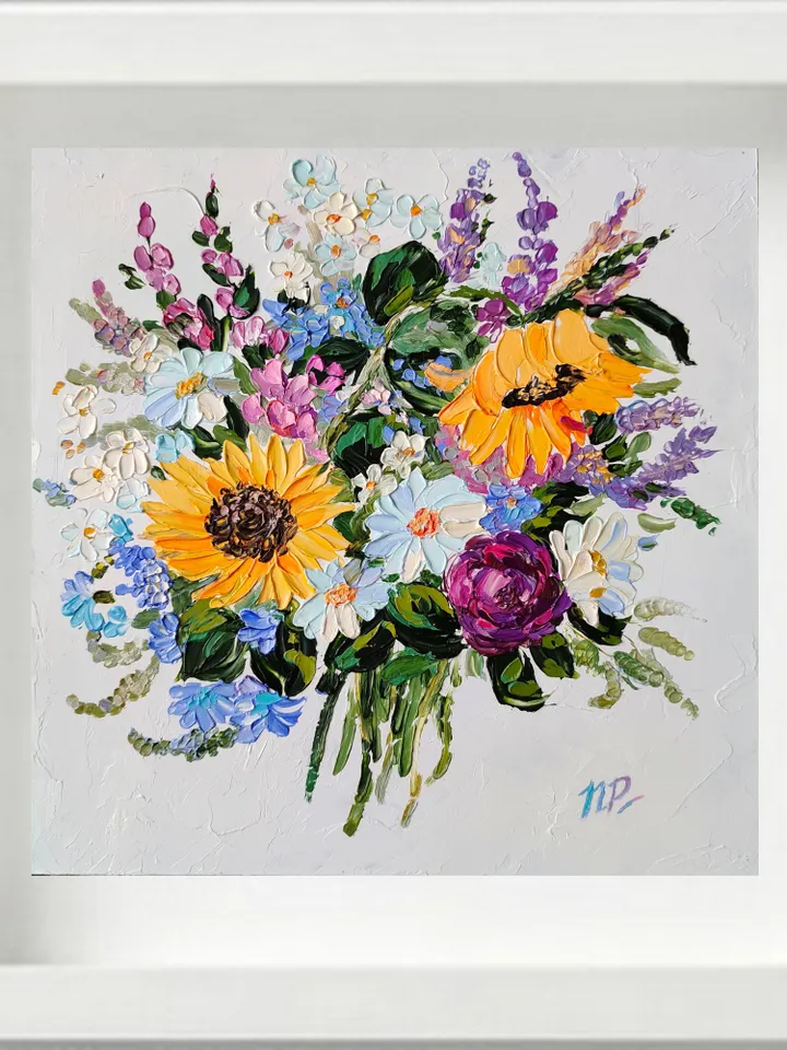 Sunflower painting Flower Original Art 10 by 10 inches Floral Artwork impasto oil painting art by Natalia Plotnikova
