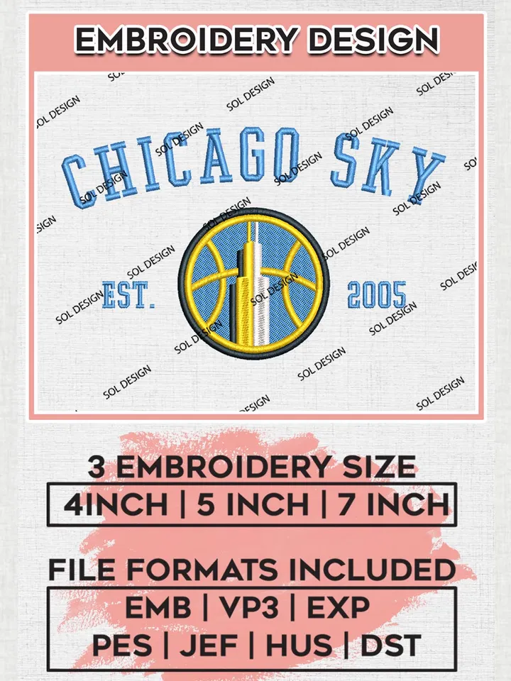 WNBA Chicago Sky Est 2005 Embroidery Files, WNBA Chicago Team Embroidery Designs, Basketball Teams, 3 sizes, Machine embroidery designs, Digital Download