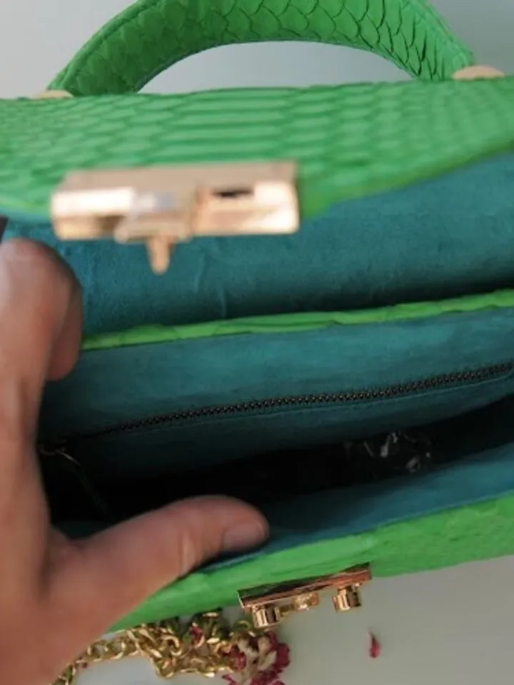 Genuine Python Skin Crosshandle Elegant Green Bag | Exotic Leather Bags | Designer Bags | Handmade Chain Crossbody Handle Women Classy Purse