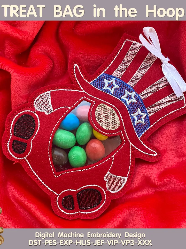 In The Hoop Machine Embroidery design ITH Peekabo Bag Patriotic USA Gnome Treat Bag ITH Pattern.