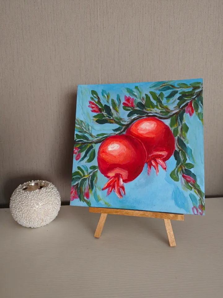 Pomegranate Original Painting Fruit Original Art Red Pomegranate Modern Artwork Red Fruit Wall Painting 8x8 inches by OlgaSokolova Art