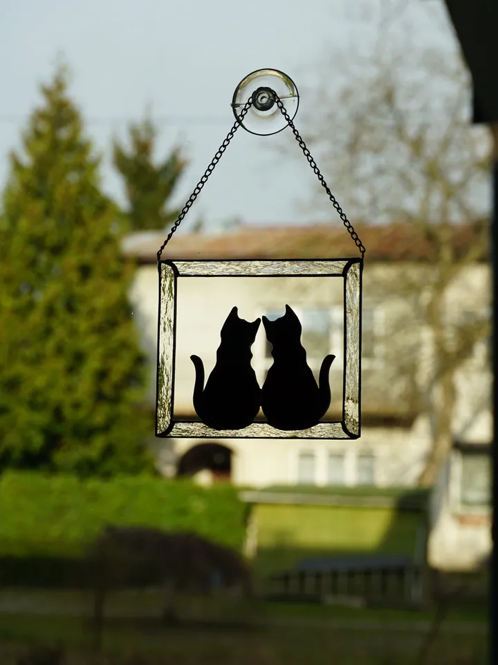 Two Black Cats in Frame Stained glass window hanging Suncatcher . Gift for animal lover , pet loss memorial