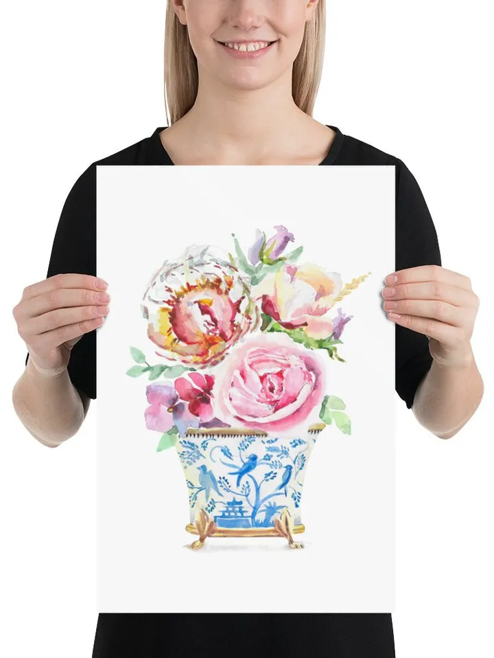 Watercolor Flowers Chinoiserie Home Decor Wall Art Flower Wall Art Flower Illustration Watercolor Pions Bleu White Decor Asian Vases Print