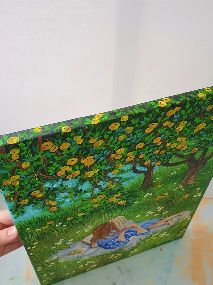 Girls Painting Apple Tree Original Art Sisters Artwork Woman Wall Art Oil Canvas