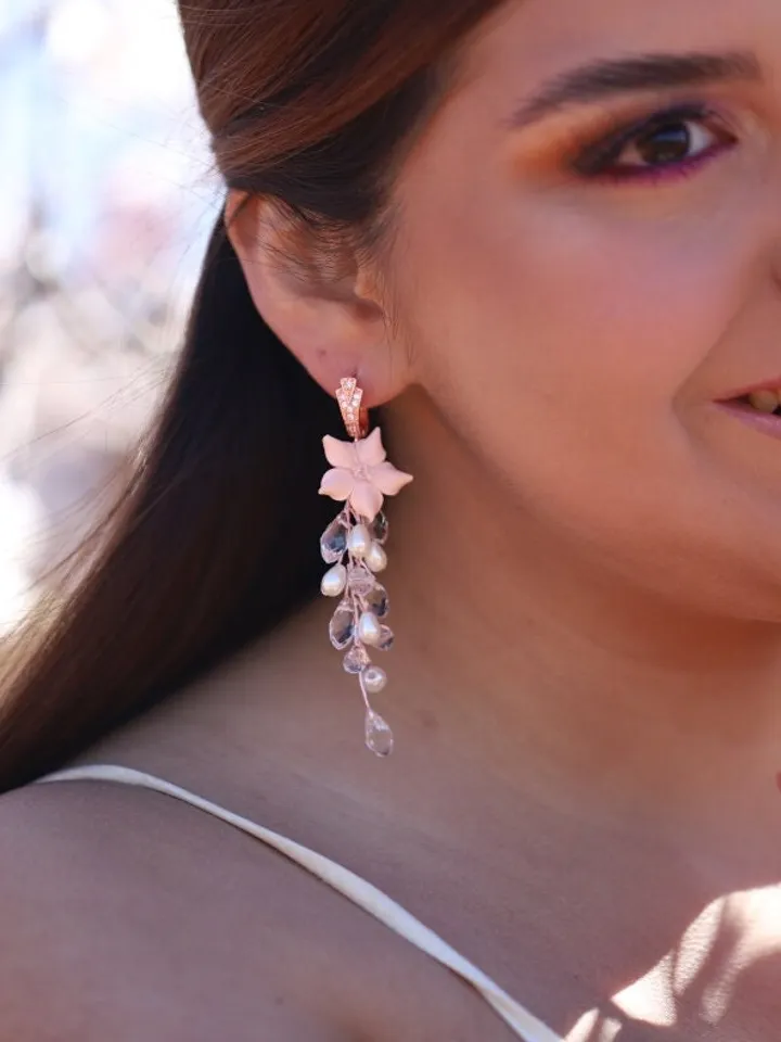 Rose Gold Delicate Porcelain Flower Blush Wedding Earrings, Long Boho Wedding Earrings, Pearl Bridal Jewelry Set, Floral Statement Earrings