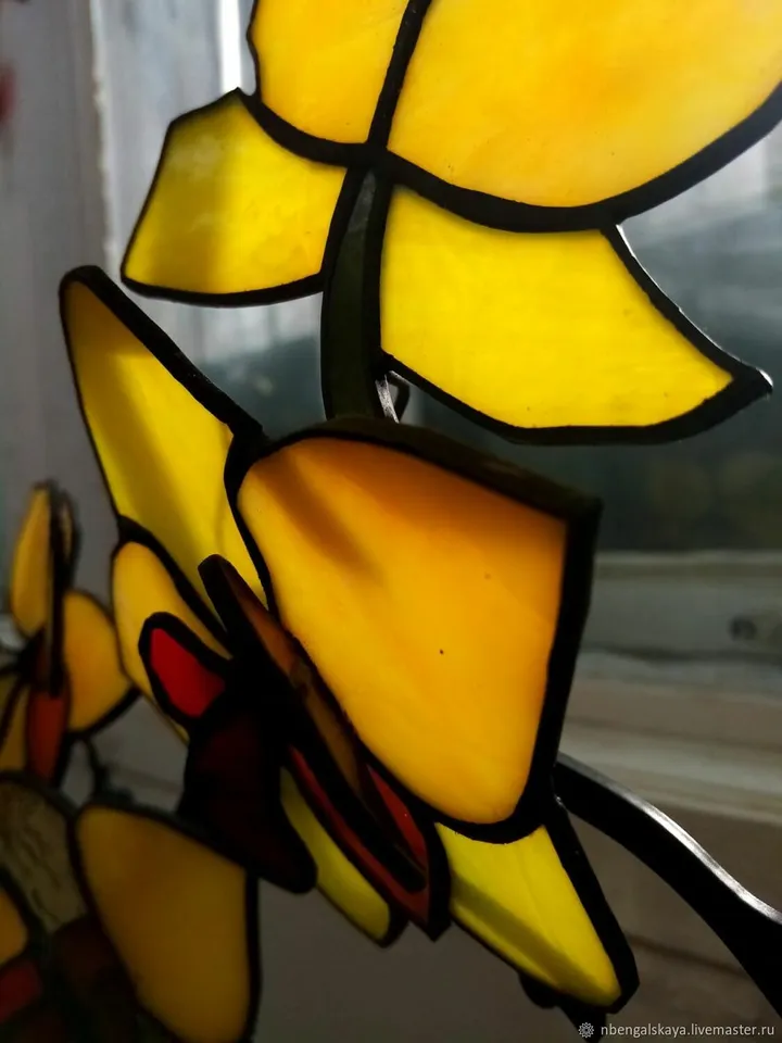 Yellow Orchids Stained Glass. Bouquet in Tiffany Technique, Yellow Orchids. Bouquet in Tiffany Stained Glass Technique, Stained Glass Yellow Orchids, Bouquet in Tiffany Stained Glass Technique