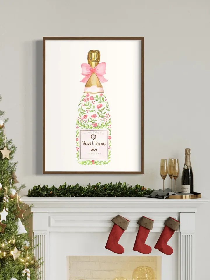 Champagne Bottle Chinoiserie Style Wall Art Print,Pink Watercolor Bar Cart Print, Cocktail Decor,Wine Wall Art,Preppy Bar Cart, Gift For Her