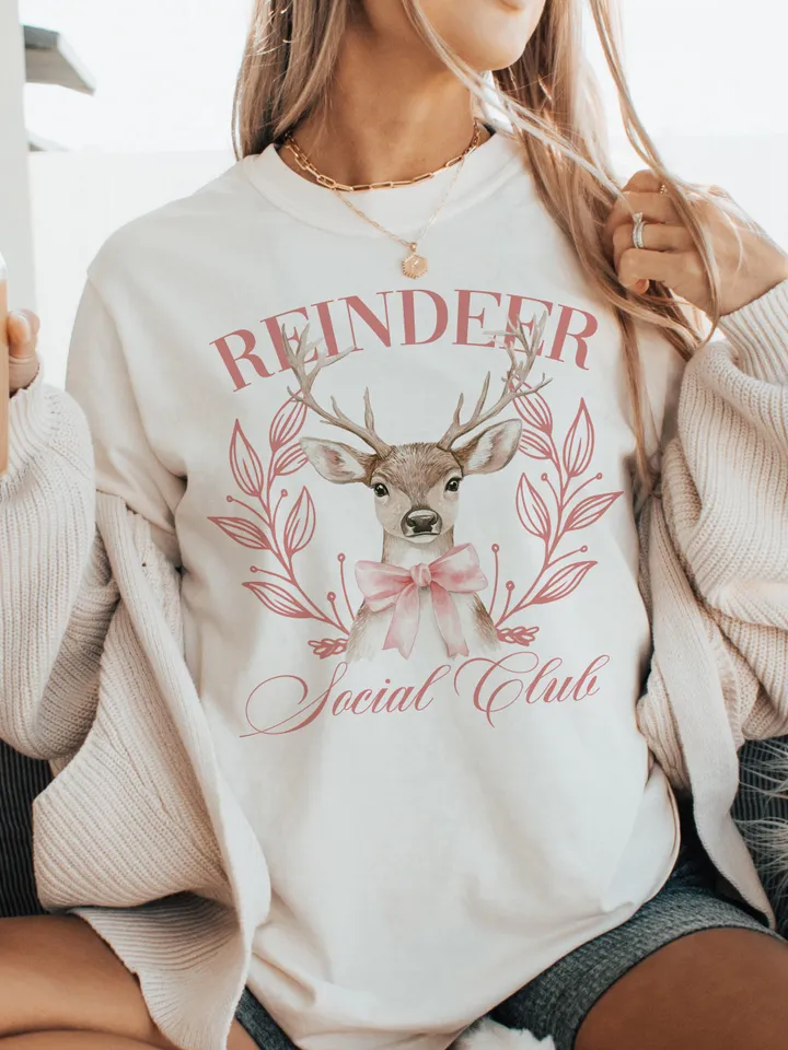 Reindeer social club png, Christmas Coquette Bow png, Santa Coquette Bow png, Christmas png, retro christmas png, christmas shirt, merry png