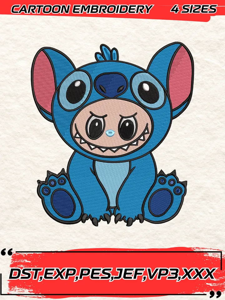 Labubu x Stitch Embroidery Design,Stitch Embroidery Design,Machine Embroidery Design File,4 Sizes, Digital Download