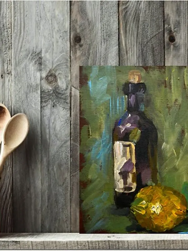 Wine Painting Lemon Original Impasto Painting Wine Bottle Art