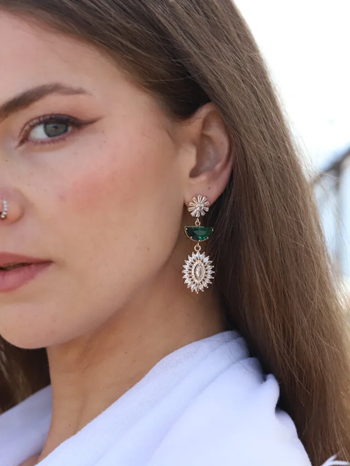 Art Deco Wedding Earrings, Gold Emerald Statement Bridal Earrings, Swarovski Ctystal Vintage Statement Wedding Jewelry, Boho Bridal Earrings