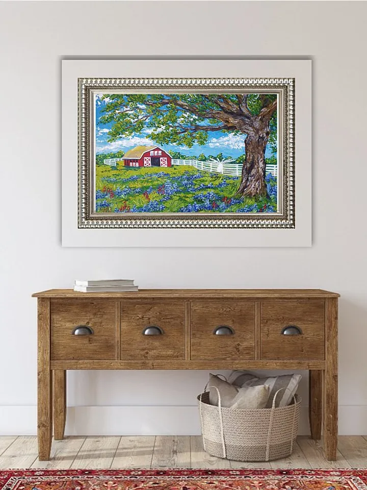 Red Barn Painting Bluebonnet Original Art Texas Wall Art Impasto Oil Painting
