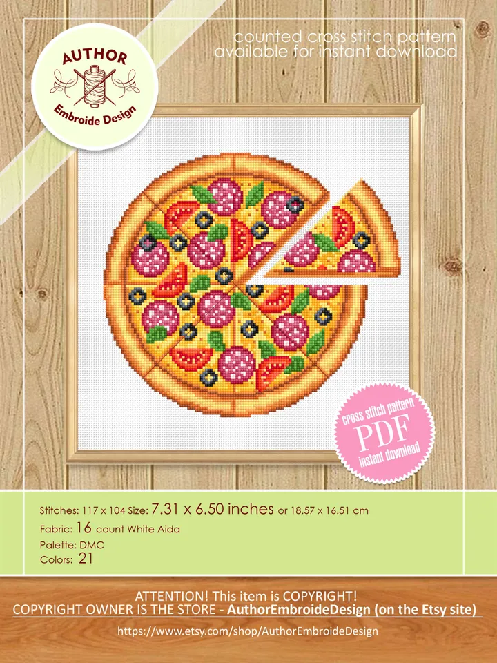 Pizza cross stitch pattern download PDF Italian food cross stitch chart, Pizza ornament digital pattern PDF, Kitchen cross stitch #F16