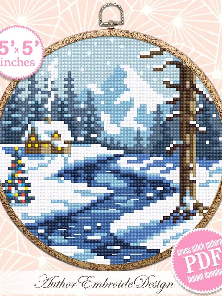 Winter landscape cross stitch pattern PDF download Winter nature cross stitch chart, Christmas pattern digital, Winter house in forest #N168