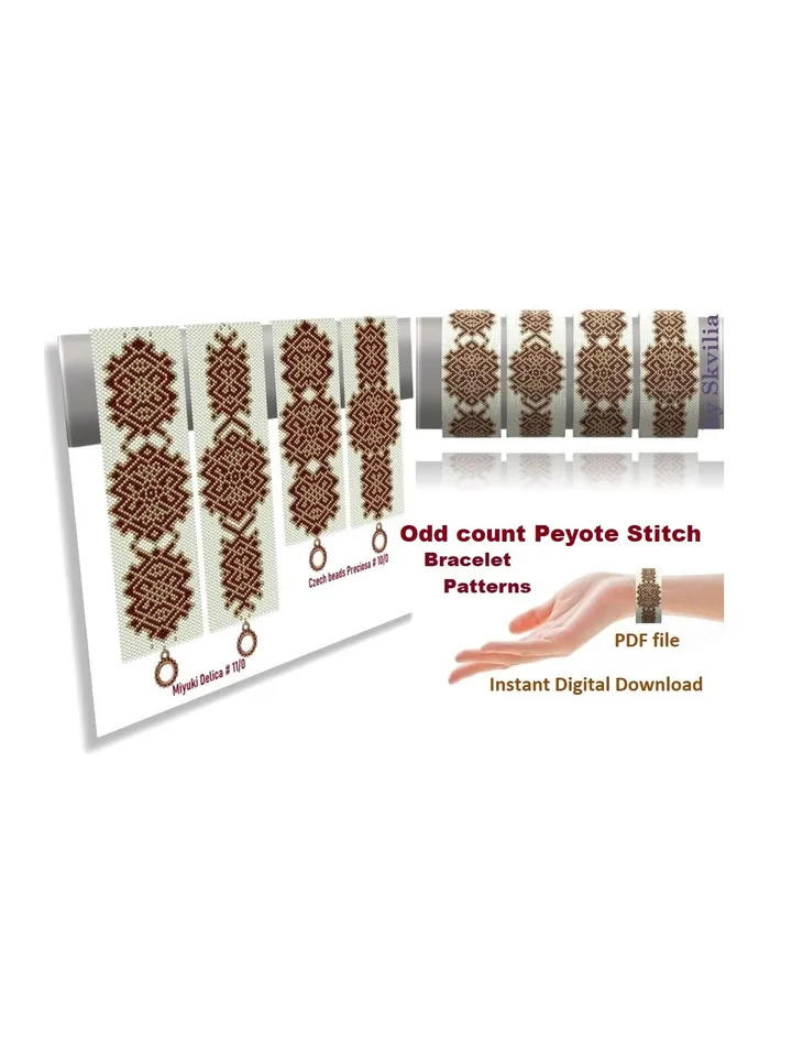 Cuff Bracelet Odd-Count Peyote Stitch Bead Patterns, Miyuki Delica or Czech beads Preciosa, Instant Download