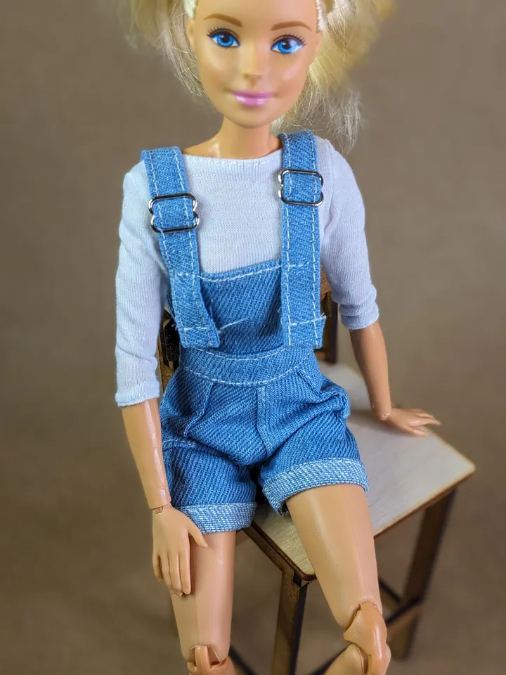 Light blue denim jumpsuit shorts for 1/6 scale fashion female dolls