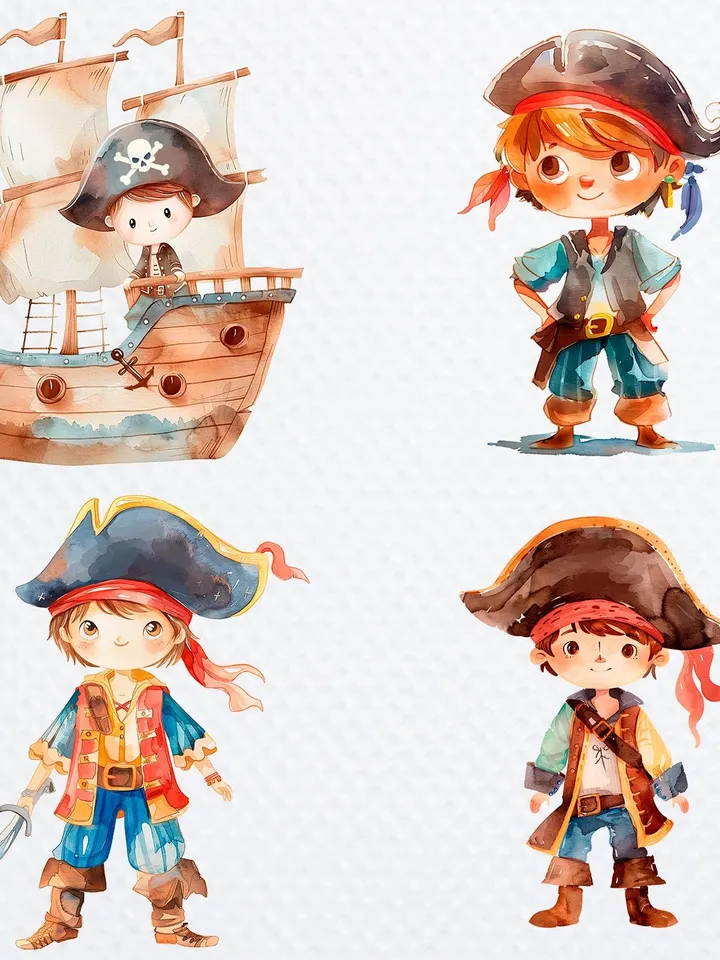 16 Cartoon Pirates PNG Bundle, Cute boy Pirates Printable Watercolor clipart for sublimation, High Quality PNGs, Paper craft, junk journals
