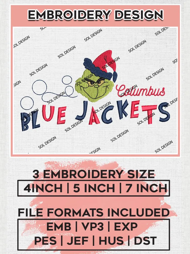 Grinch Columbus Blue Jackets Embroidery Designs, Grinch Christmas Embroidery Files, NHL Blue Jackets Machine Embroidery Designs, NHL Columbus Blue Jackets Logo, NHL Christmas Machine Embroidery Design, Digital Download