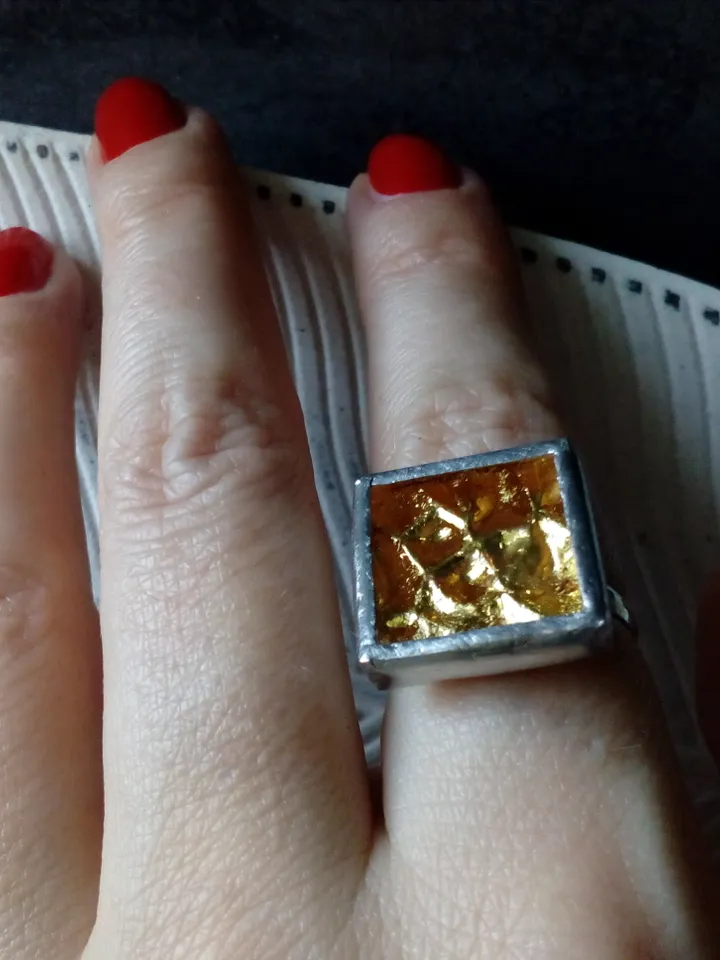 Glass ring, square glass, simple stained glass, tin soldered ring, stained glass ring, sparkling ring, shiny ring