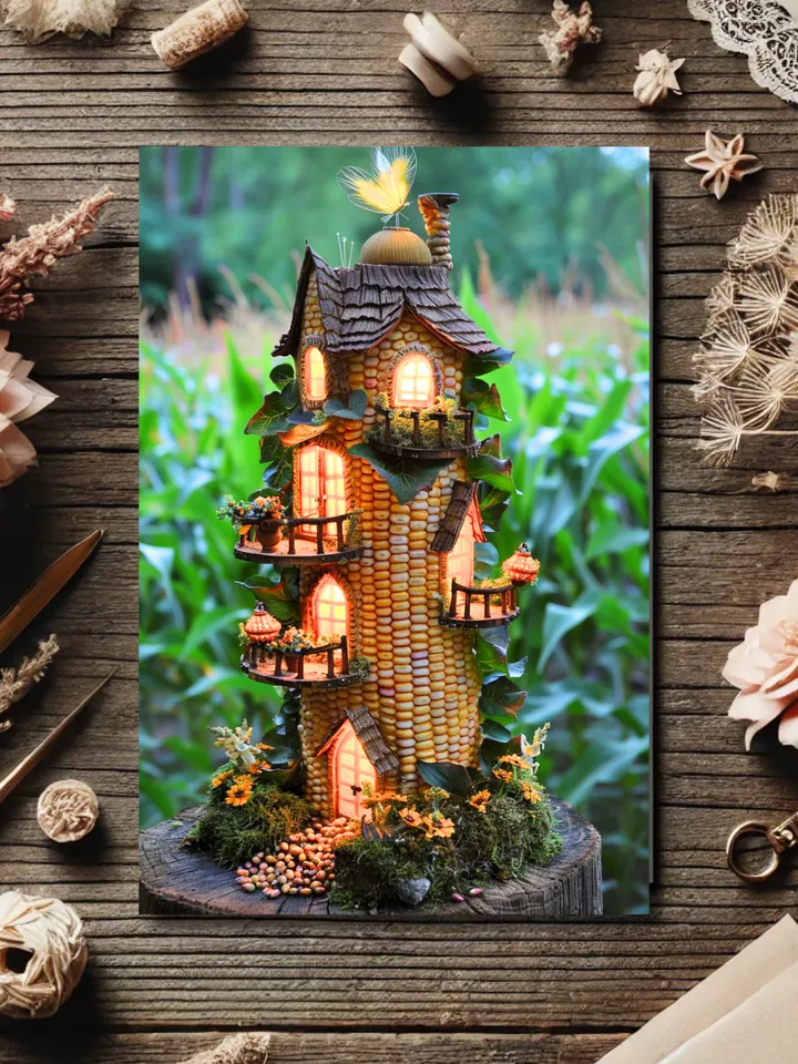 Set of 6 Enchanted Corn Cob Fairy House Postcards – Whimsical Fantasy Art