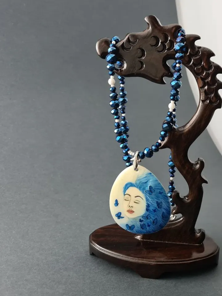 Hand painted jewelry, hand painted necklace, miniature painting on pearl pendant