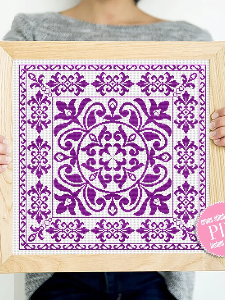 Square mandala cross stitch pattern PDF download Modern vintage ornament cross stitch, Monochrome mandala pattern digital PDF #M145