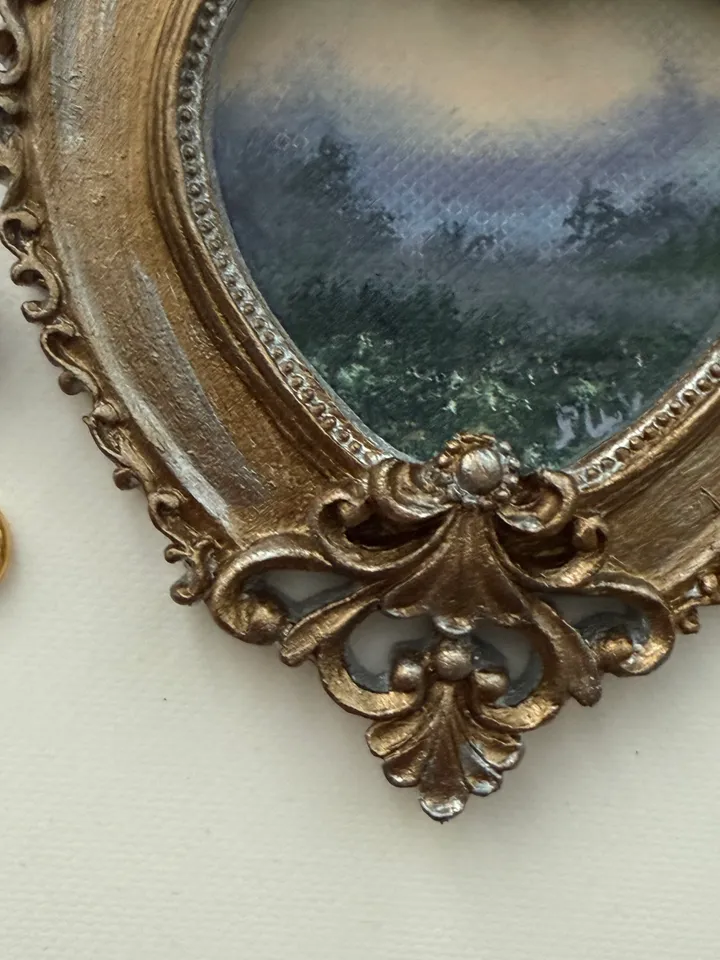Morning Foggy Field Landscape Painting Original In Vintage Style Frame Small Framed Oval Painting Art