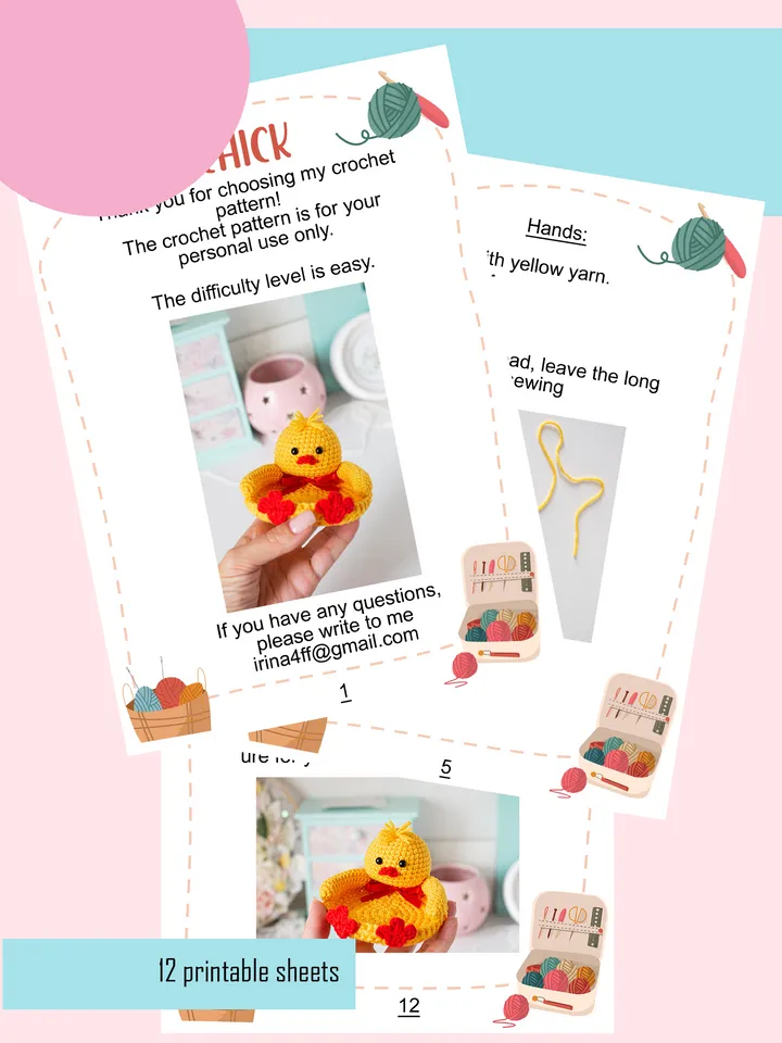 Crochet pattern amigurumi chick coaster toy pattern PDF file in ENG for beginners