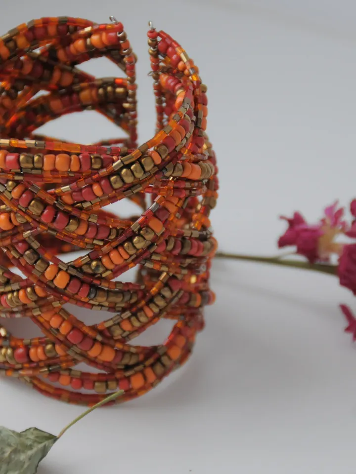 Beaded Handmade Wide Classy Elegant Bracelet | Orange Glamorous Beads Bracelet | Elegant Summer Wide Bracelet |Womans Beaded Jewerly