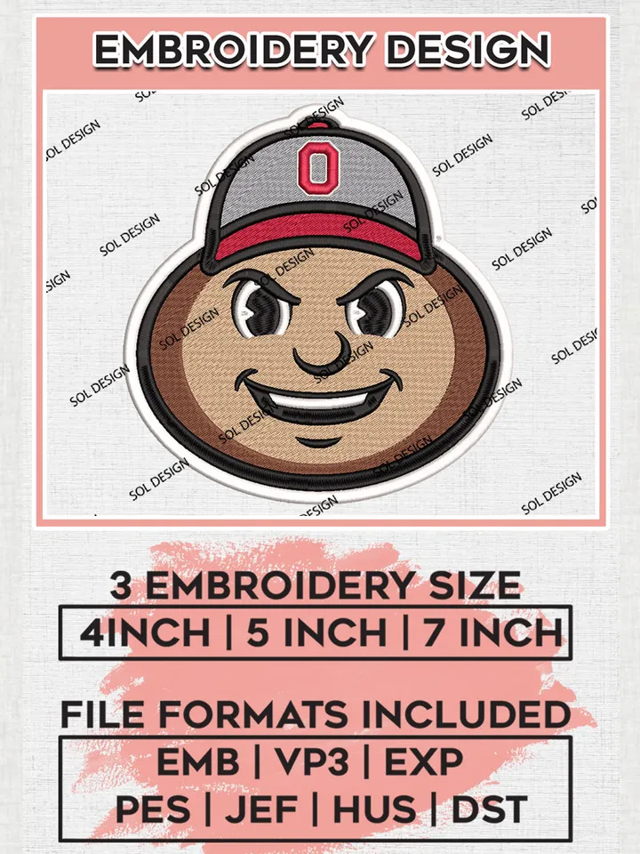 Ohio State Buckeyes Team Head Mascot Logo Embroidery Design Files, NCAA Ohio State Buckeyes Machine Embroidery, NCAA Teams, 3 sizes, NCAA Machine embroidery designs, Digital Download