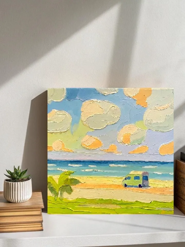 San Diego Beach Travel Original Art Impasto Oil Painting Small Camper Vanlife Impressionist Artwork Gift by ArtProkopaloSv