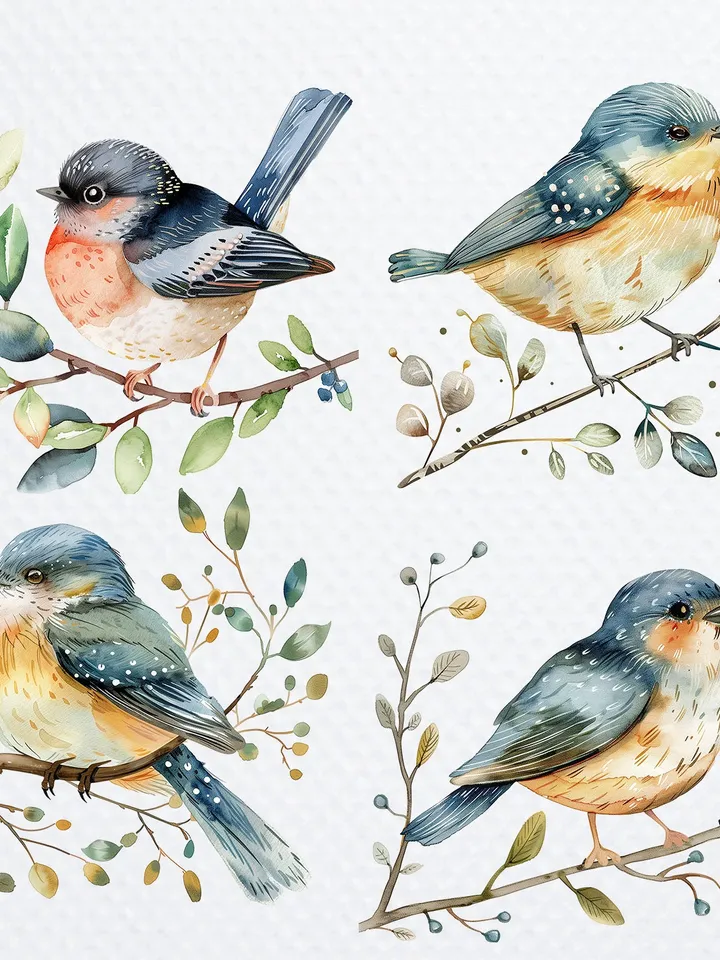 24 Scandinavian Birds PNG Bundle, Watercolor Floral Birds for sublimation, Printable vintage birds clipart, Paper craft, junk journals