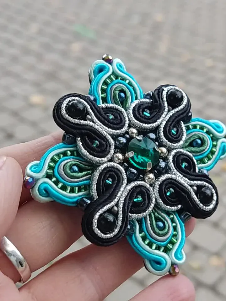 Beaded brooch, blue brooch, brooch flower, Embroidered soutache brooch, royal cross brooch