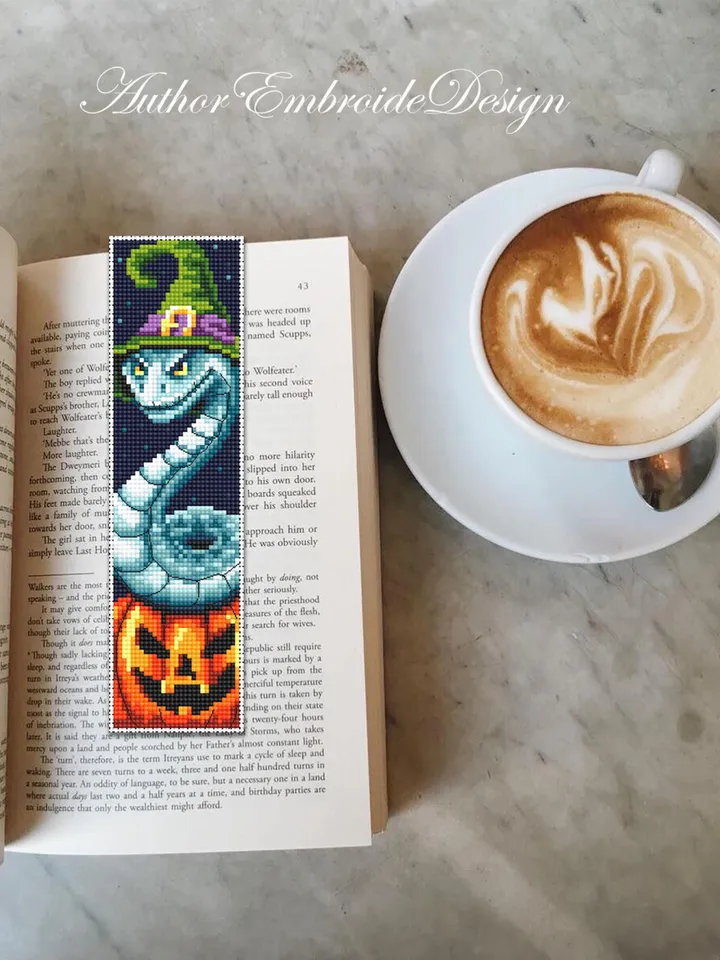 Halloween bookmark cross stitch pattern PDF download Snake witch cross stitch chart, Spooky bookmark pattern digital PDF, Pumpkin #B361