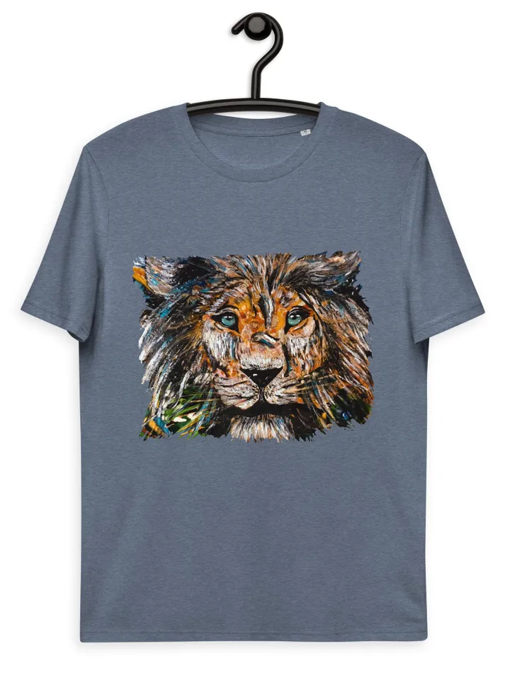 Unique design Lion Unisex organic cotton t-shirt made from  my original mix media artwork on glass,wild animals t shirts, wearable art gifts