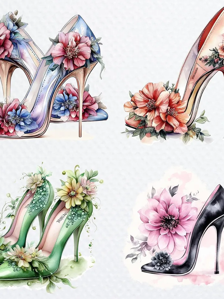 15 Floral Prom Shoes PNG Bundle, Printable Watercolor sublimation, High Quality PNGs, Digital download, Paper crafts, junk journals