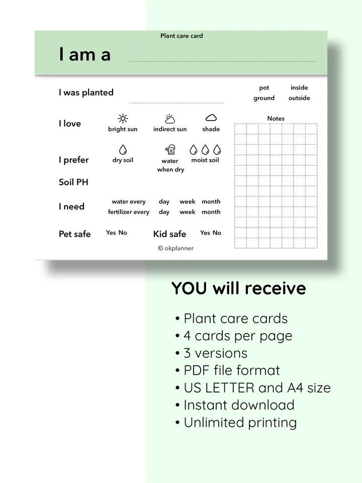 Printable Plant Care Card – Track Watering, Sunlight & Soil for Healthy Plants! Garden care printable. Houseplant care cards. Plant maintenance log. Gardener’s & Plant Lover’s gift. Printable plant tracker. Garden organization tool. Flower care tracker.