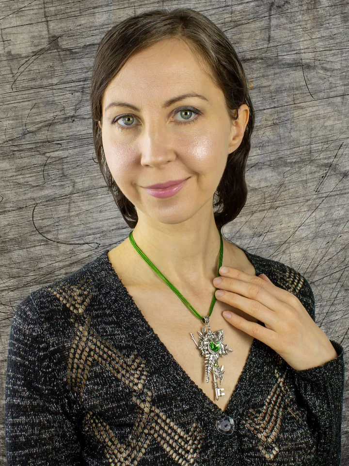 Handmade Fairy Key Pendant with Green Swarovski Crystal – Fantasy Leaf Necklace, Unique Gift